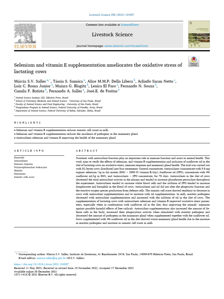 Selenium and Vitamin E Supplementation Ameliorates The Oxidative Stress ...
