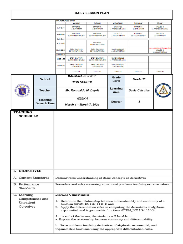 Grade 11 Basic Calculus Lesson Plan | PDF | Function (Mathematics ...
