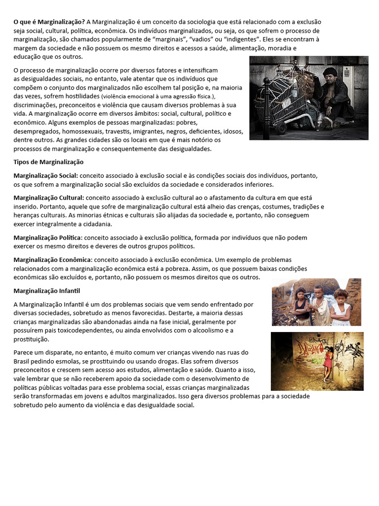 Conceitos de Marginalização Social | PDF | Exclusão social | Sociedade