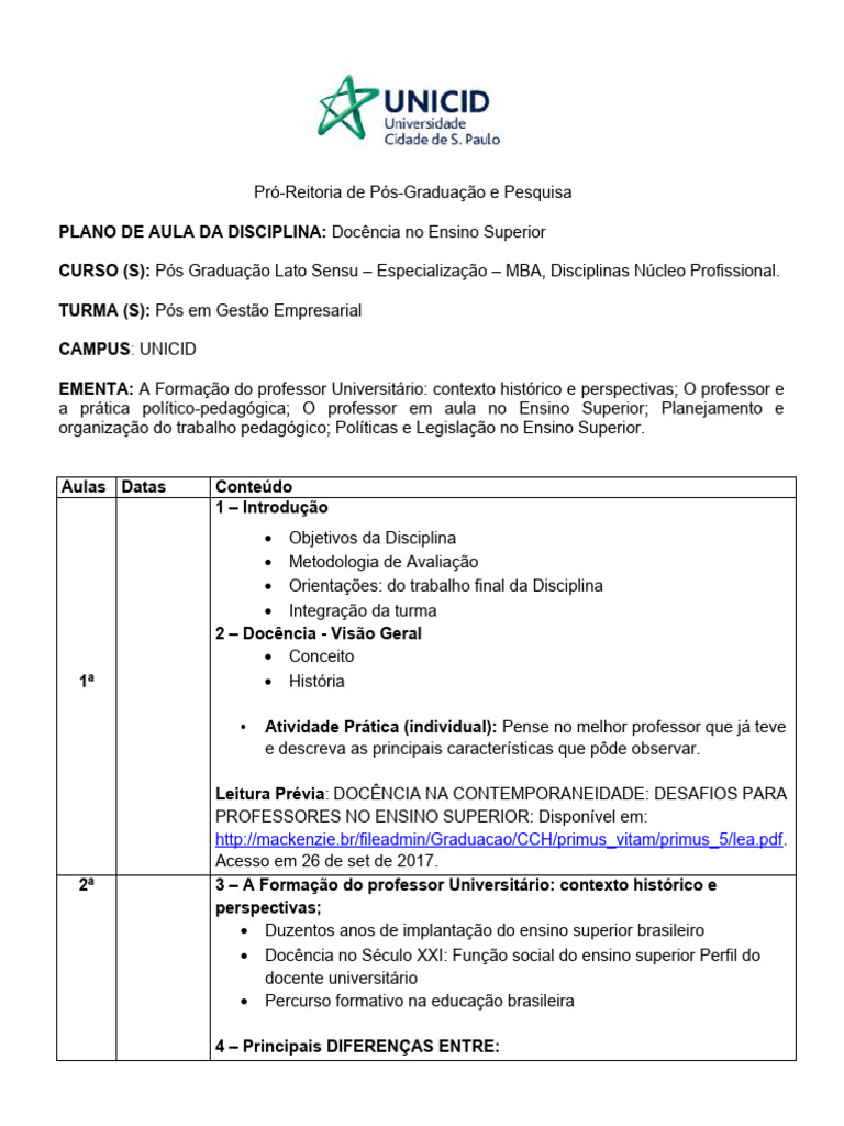 0.plano de Aula Docencia No Ensino Superior | PDF | Pós-graduação ...