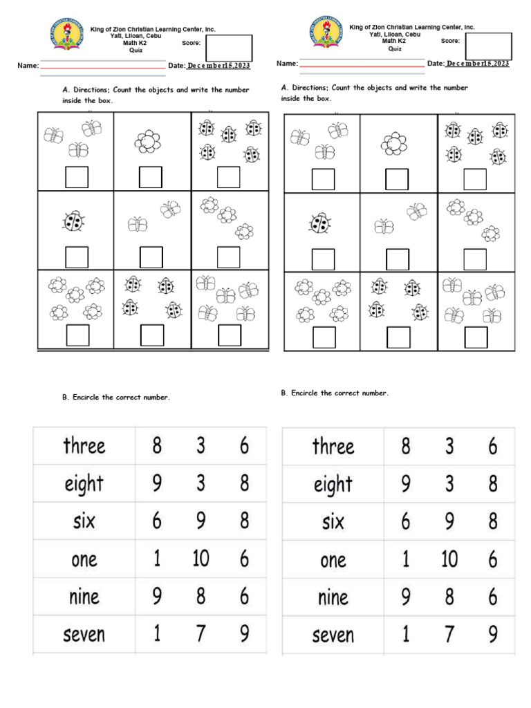 K2 Math Quiz - King of Zion Center | PDF