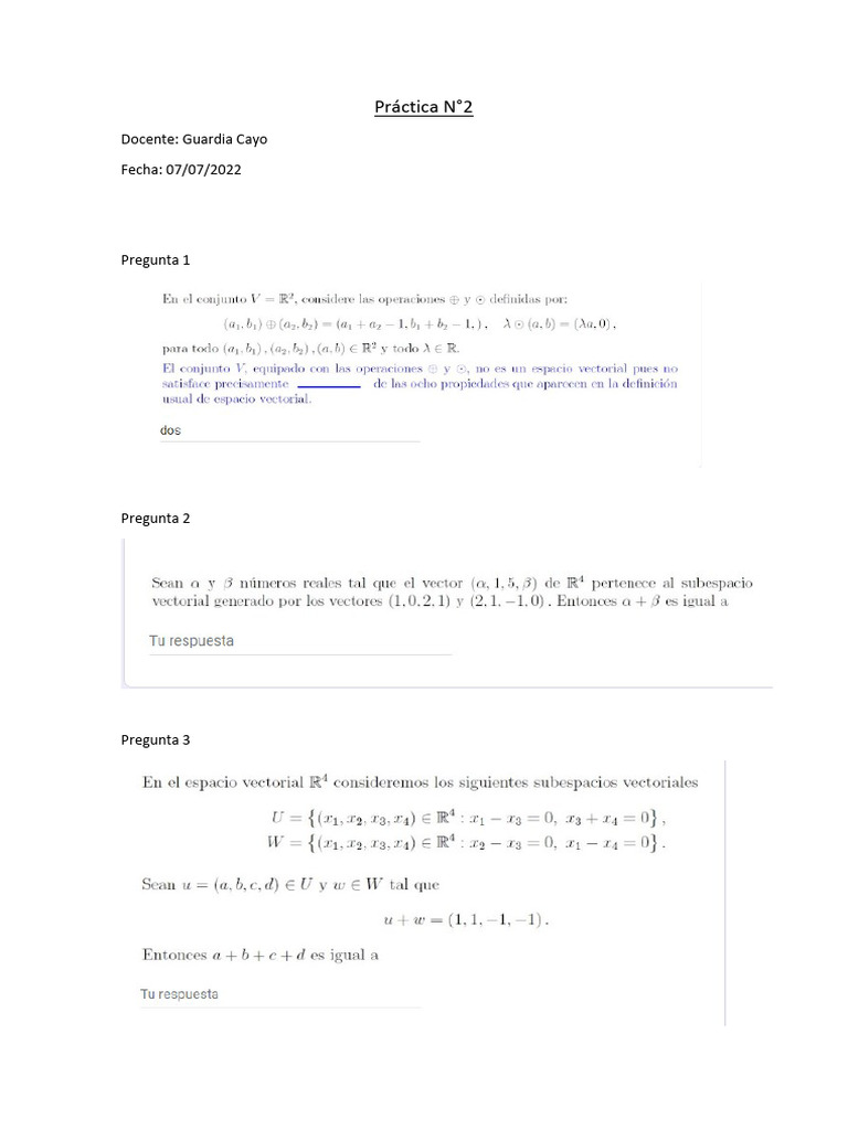 Practica 2 - Algebra Lineal Fiee Unmsm | PDF