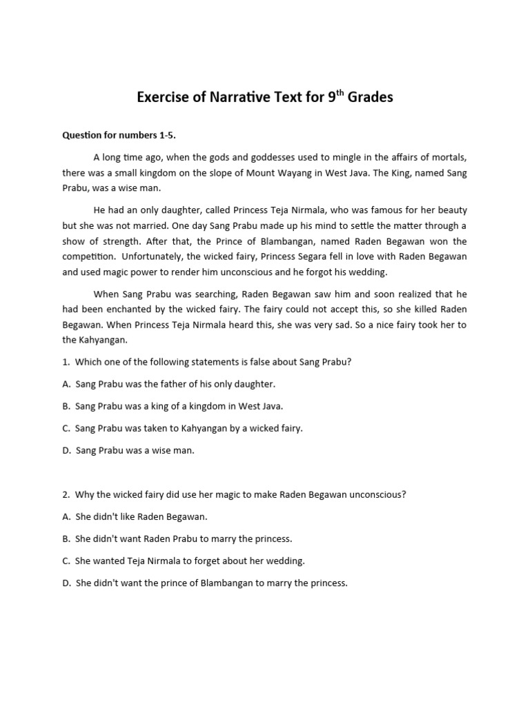 Narrative Text Exercises for Grade 9 | PDF | Narrative | Fairies