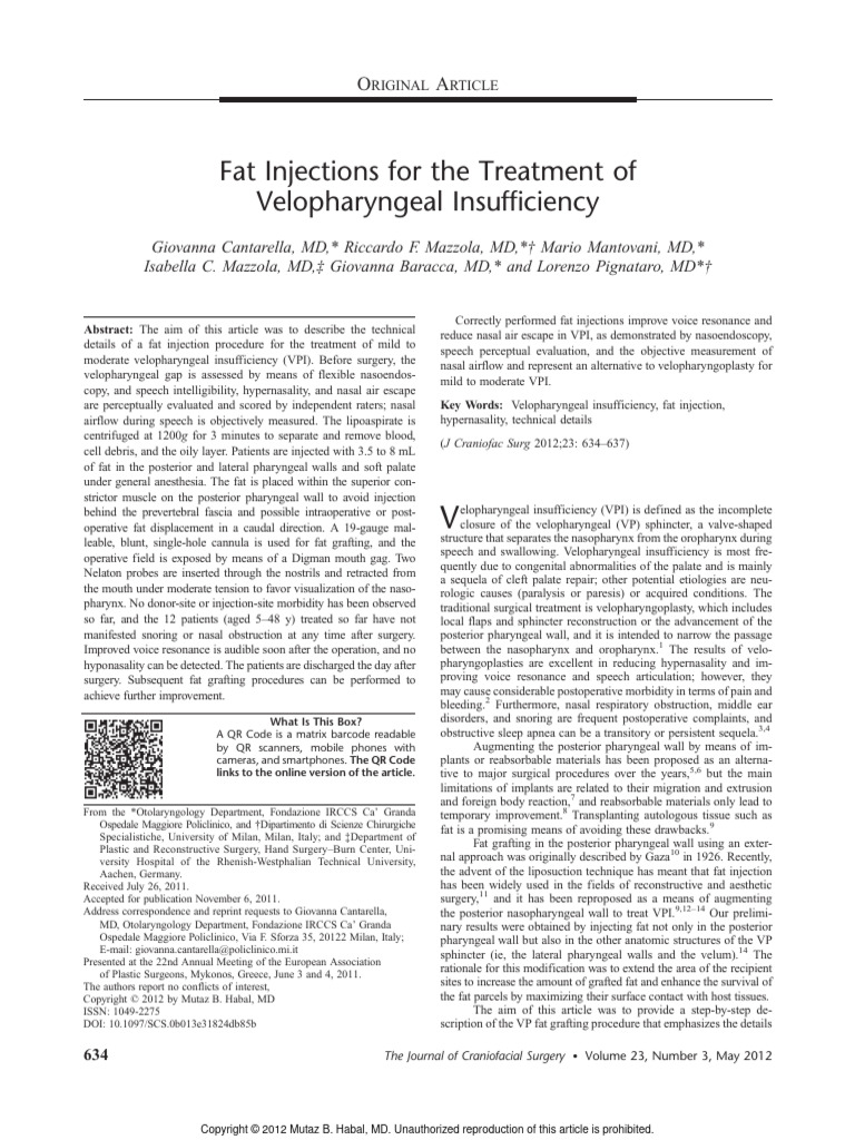 Fat Injections For The Treatment of Velopharyngeal Insufficiency | PDF ...