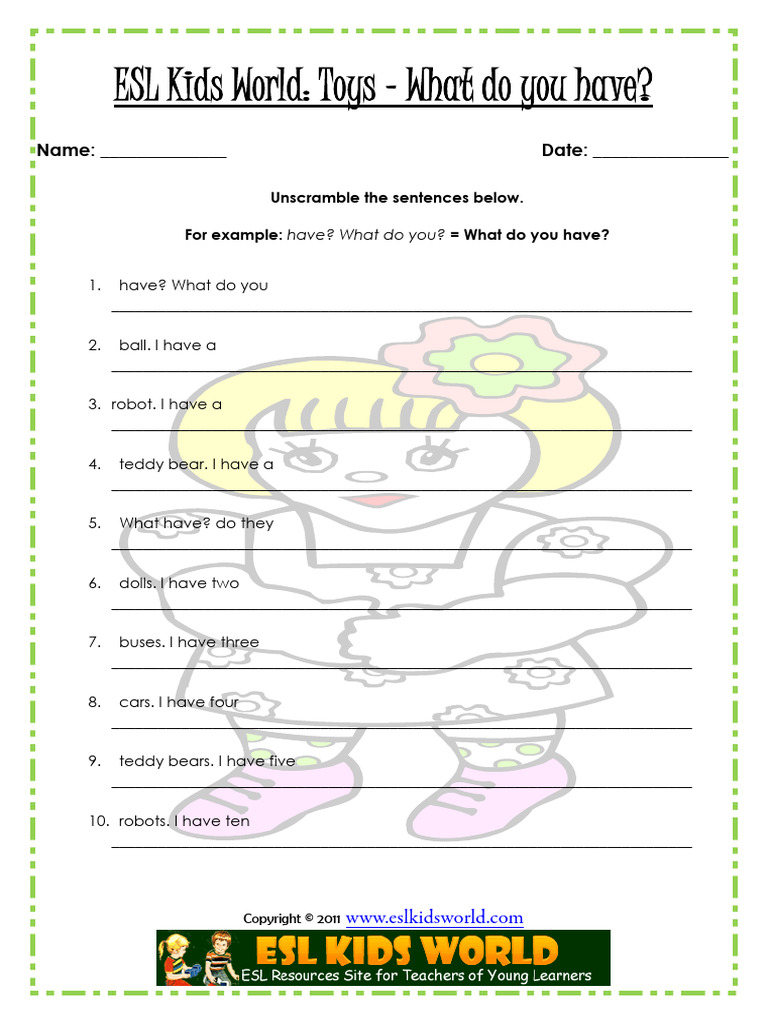 Toys Sentence Scramble PDF