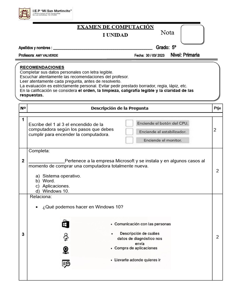 EXAMEN DE COMPUTACIÓN - 5TO GRADO- I UNIDAD | PDF | Microsoft Office ...