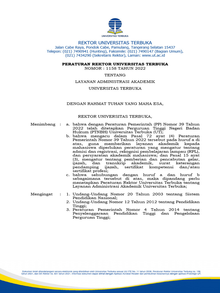 1158 tahun 2022 tentang layanan administrasi akademik ut pdf