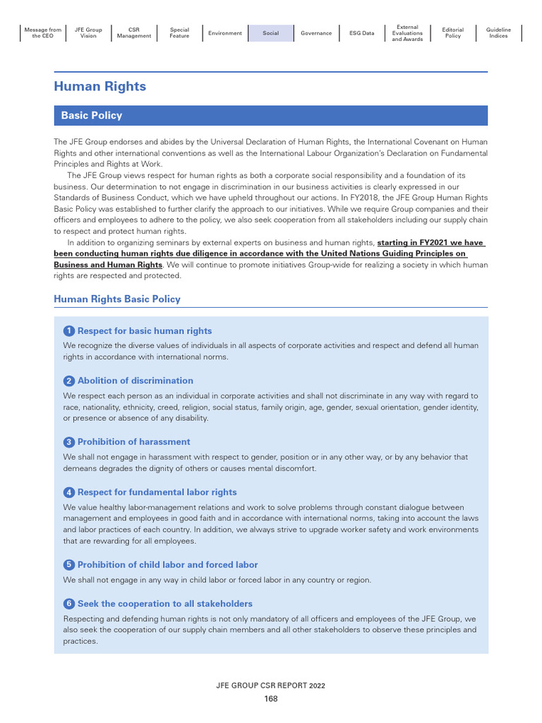2022 - 07 - 04 - JFE Human Rights Basic Policy | PDF | Corporate Social ...