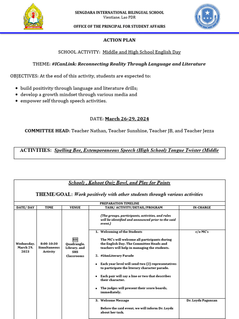 English Day Action Plan 2024 | PDF | Career & Growth | Language Arts ...