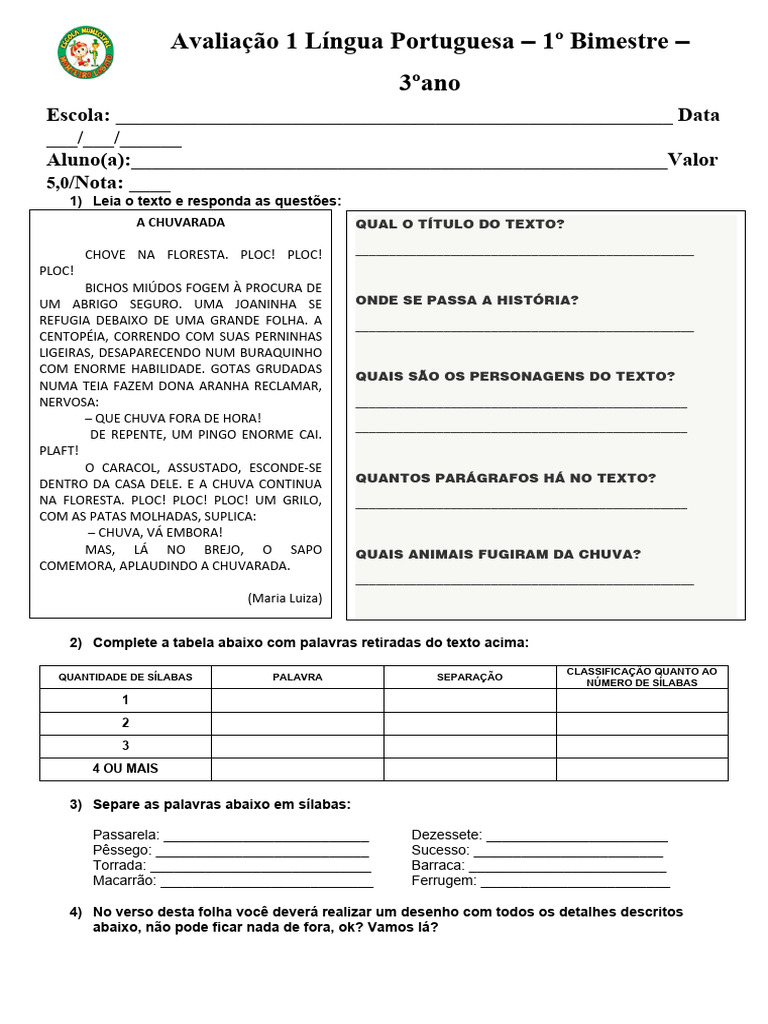 AVALIAÇÃO 1 Língua Portuguesa 3 Ano | PDF