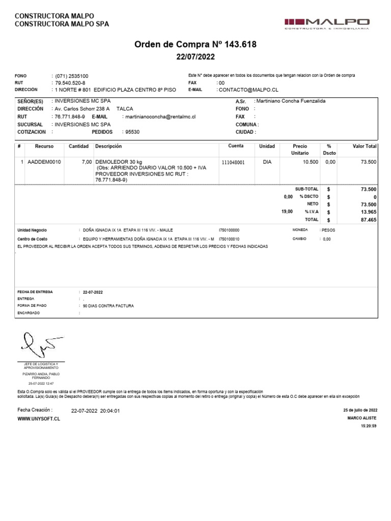 Orden de Compra #143.618: Constructora Malpo Spa Constructora Malpo | PDF