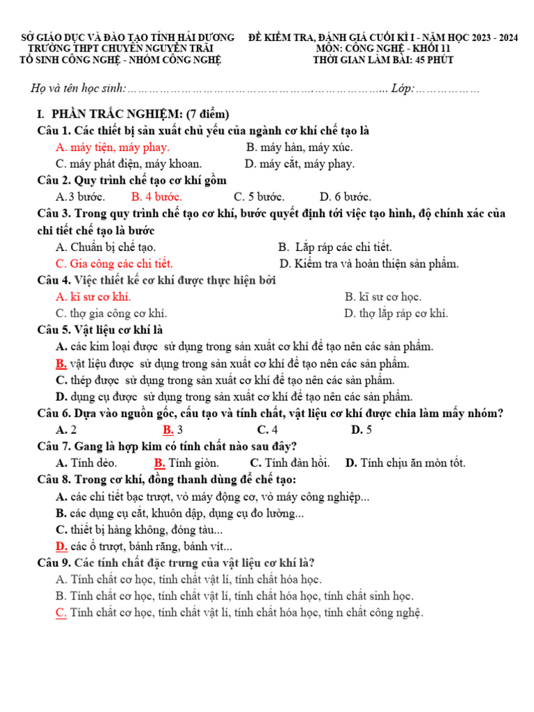 Đề Kiểm Traq CUỐI HKI 2023 2024 | PDF