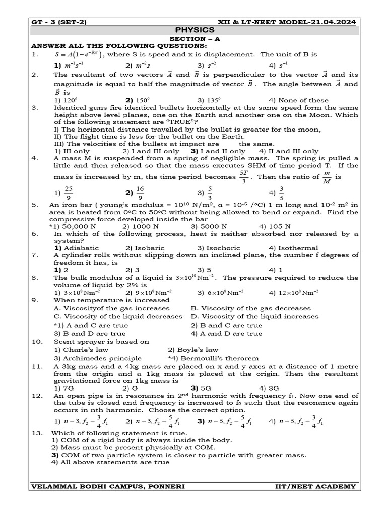 NEET Physics Model Questions 2024 | PDF | Mirror | Liquids