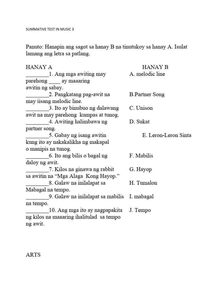 Summative Test in Music and Arts (4TH Quarter) | PDF