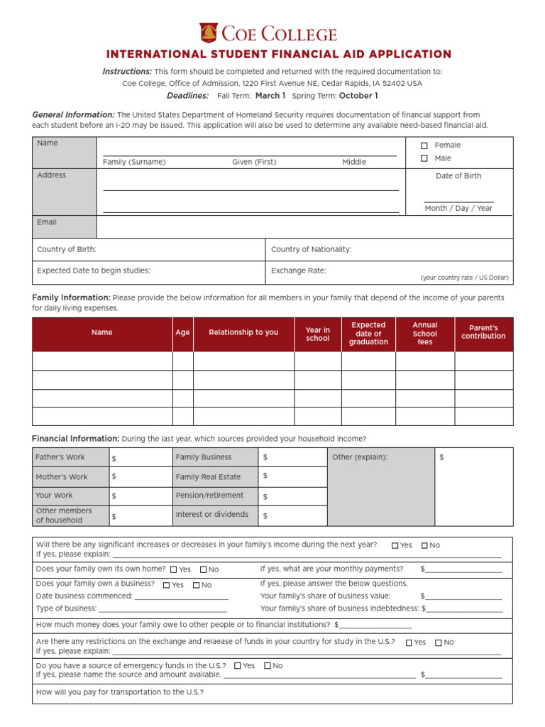 International Student Financial Aid Form | PDF | Student Financial Aid ...
