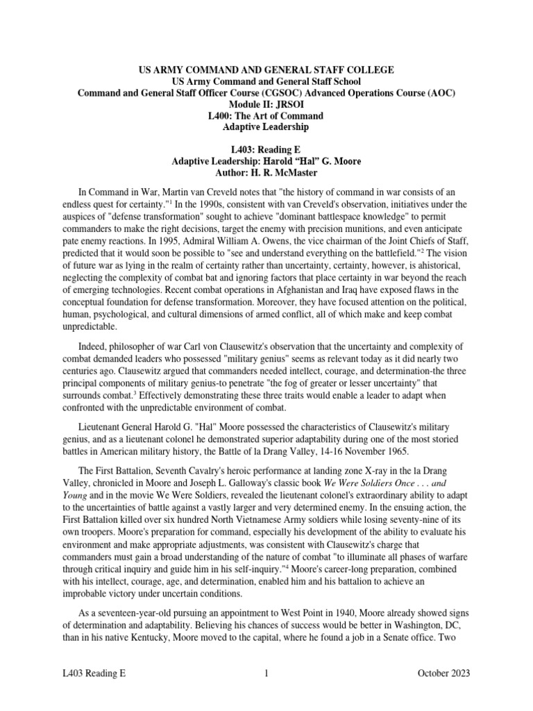 Adaptive Leadership in Combat Hal Moore PDF Reconnaissance Battles
