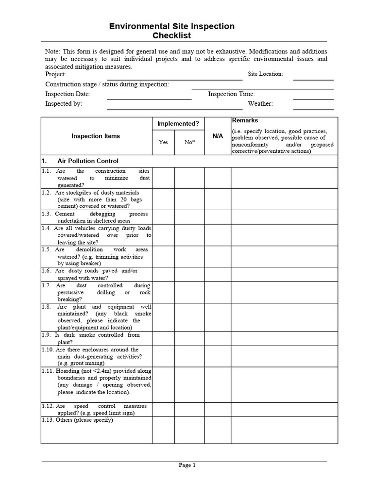 Environmental Site Inspection Checklist | PDF | Dust | Pollution
