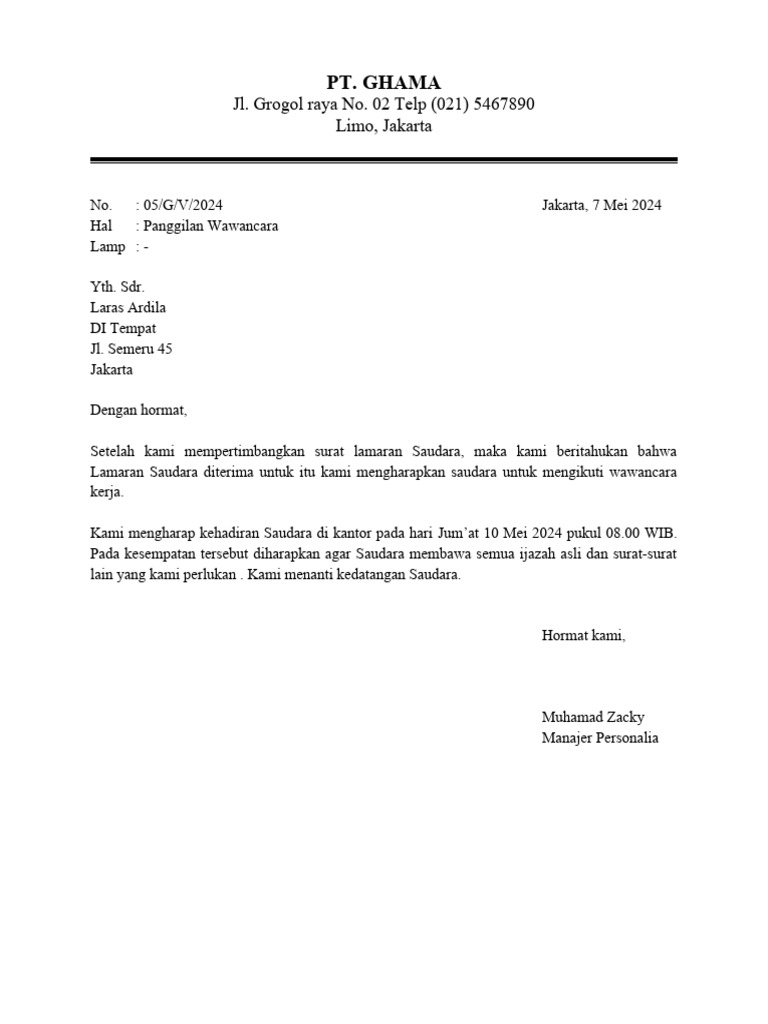 Surat Panggilan Wawancara Kerja | PDF