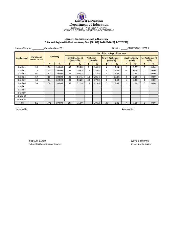 ERUNT Numeracy Proficiency Summary | PDF | Learning