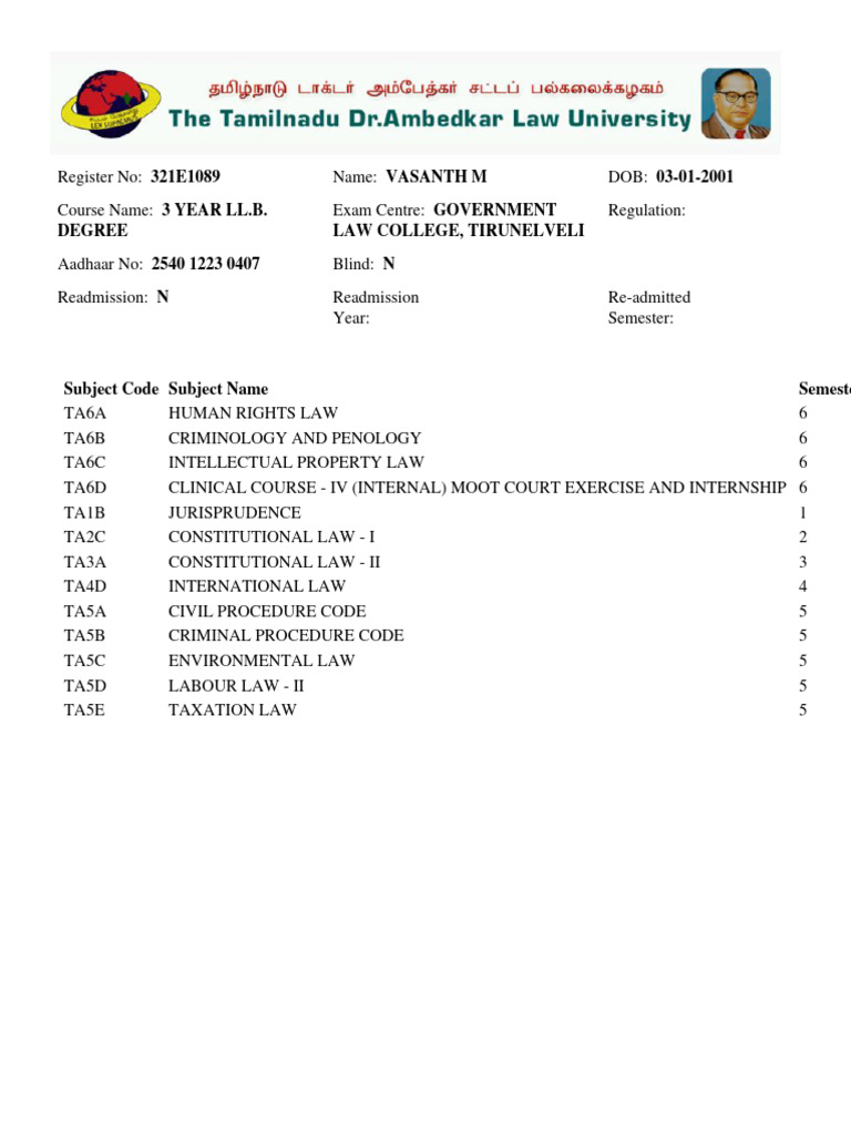 Vasanth M's LL.B. Course Details | PDF