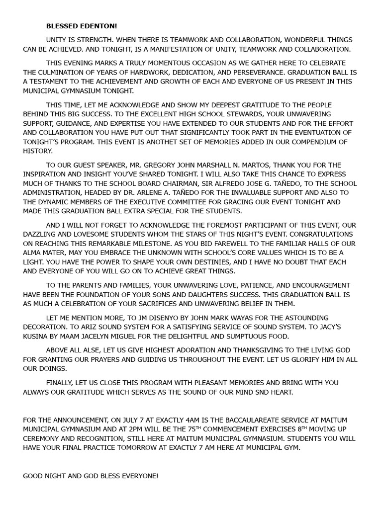 Acknowledgement for Graduation Ball | PDF