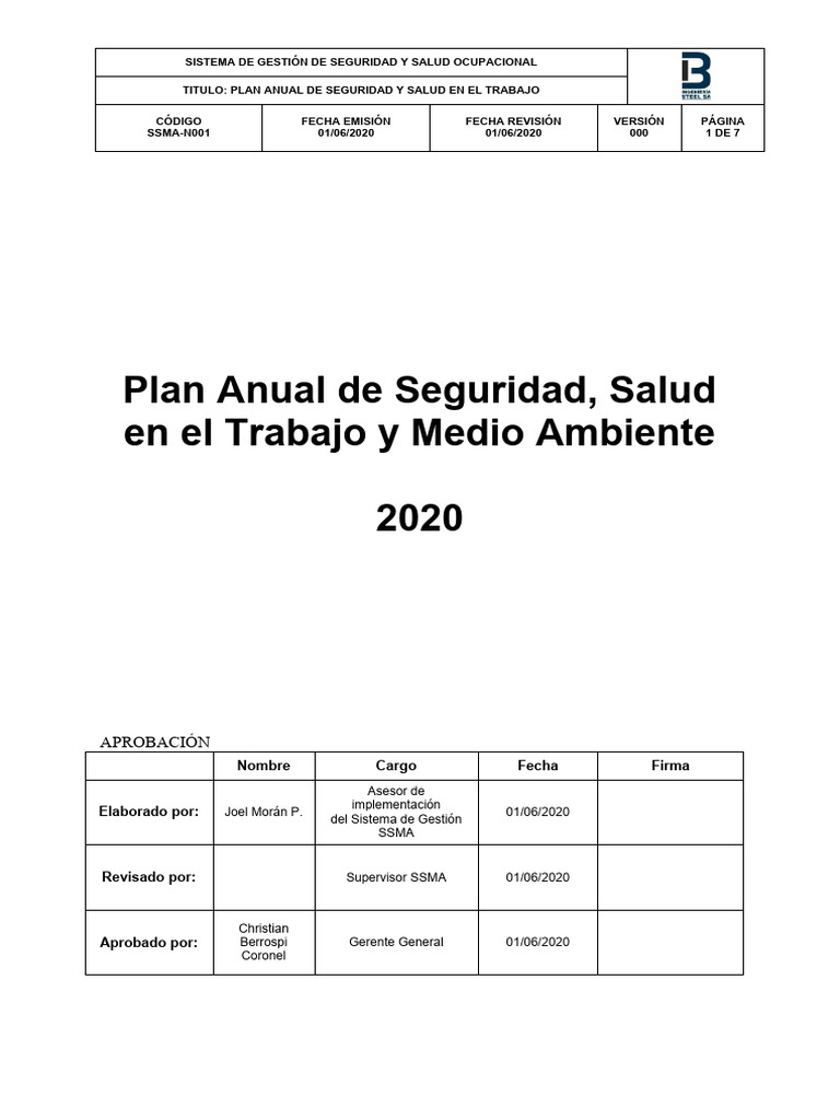 Plan Anual SSMA 2020 | PDF | Seguridad y salud ocupacional | Valores