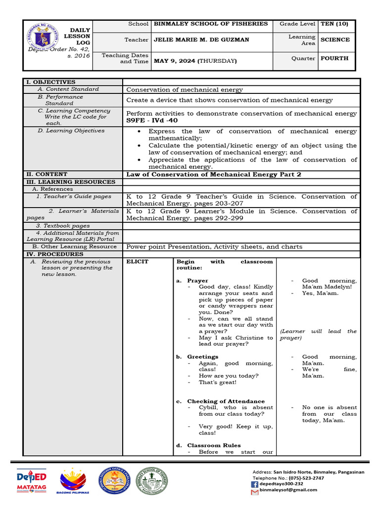 Grade 10 Science Lesson on Energy Conservation | PDF | Chemical ...