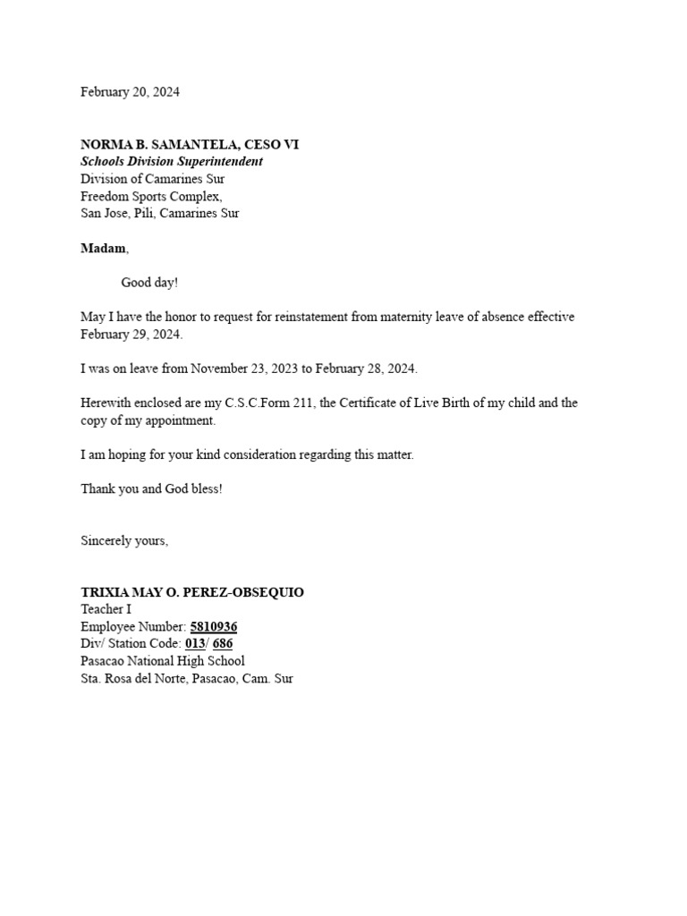 Reinstatement Request from Maternity Leave | PDF