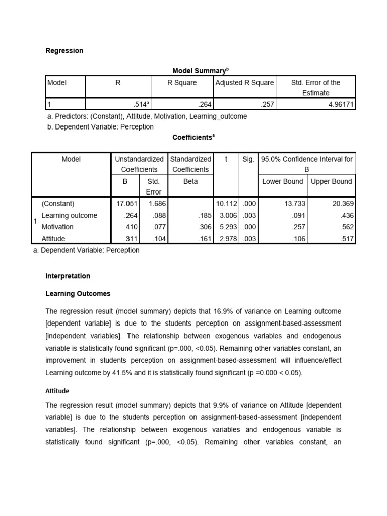 Regression Analysis of Student Perceptions | PDF | Coefficient Of ...