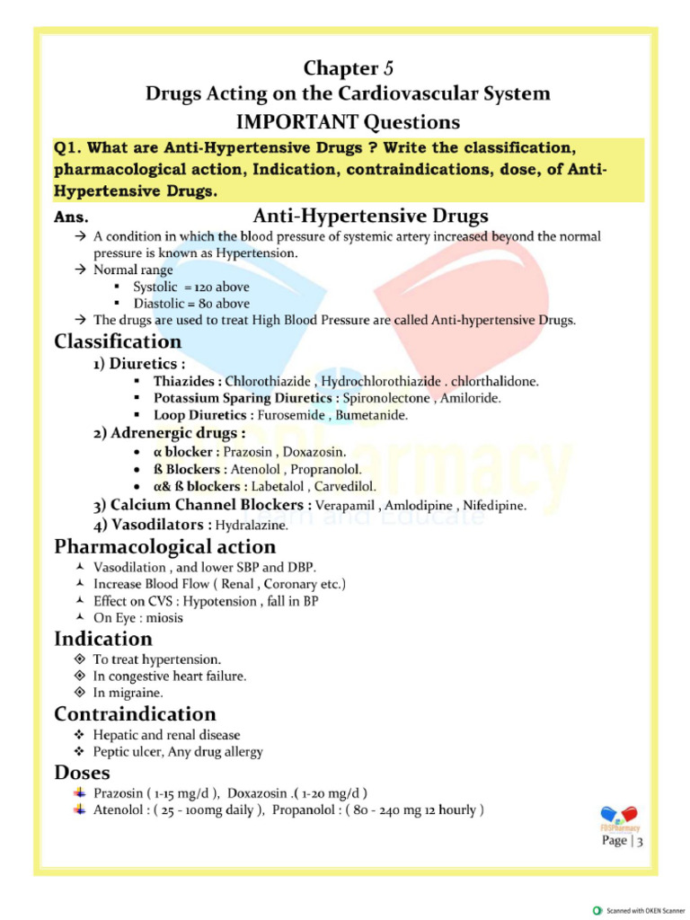 Pharmacology CH 5 Drugs Acting on the Cardiovascular Important ...