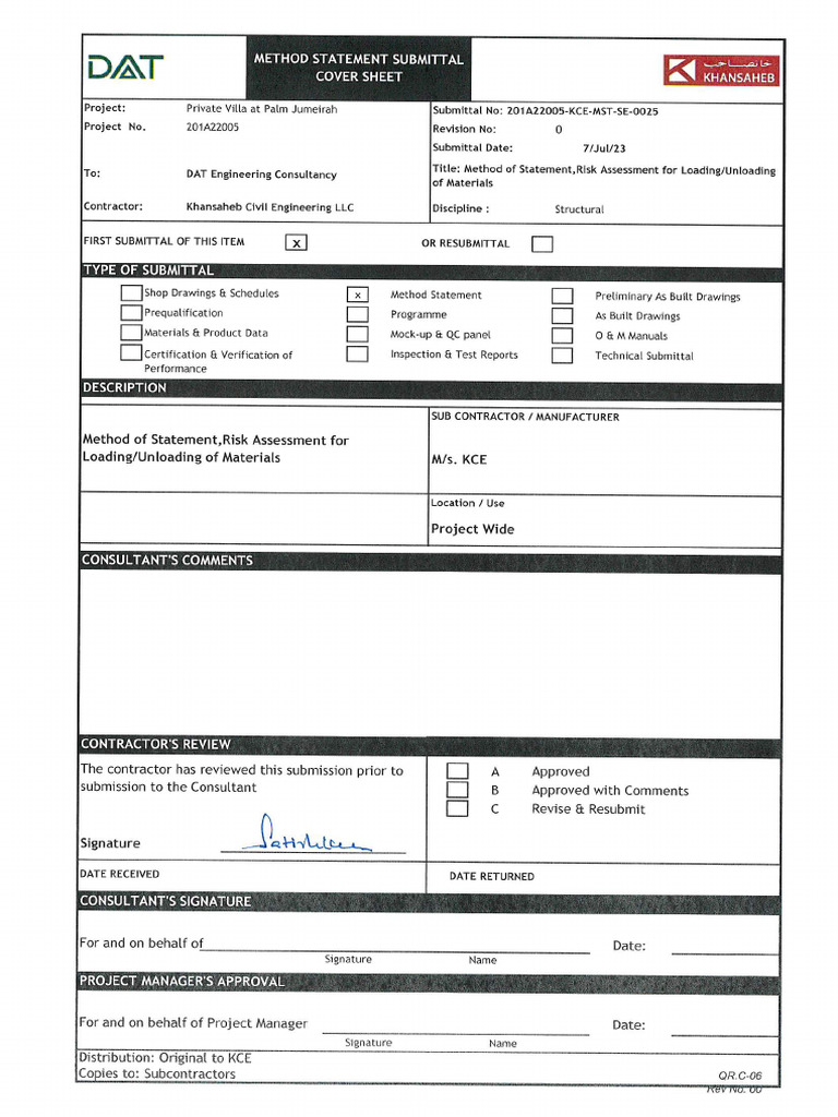 Method Statement & Risk Assessment for LoadingUnloading of Materials