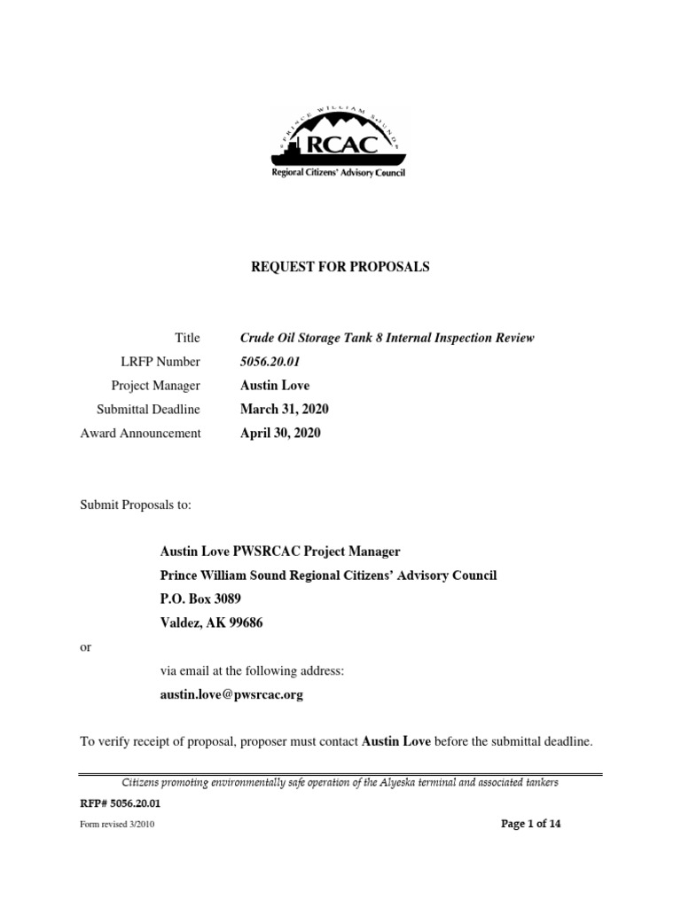 Request For Proposals Tank 8 Internal Inspection | PDF