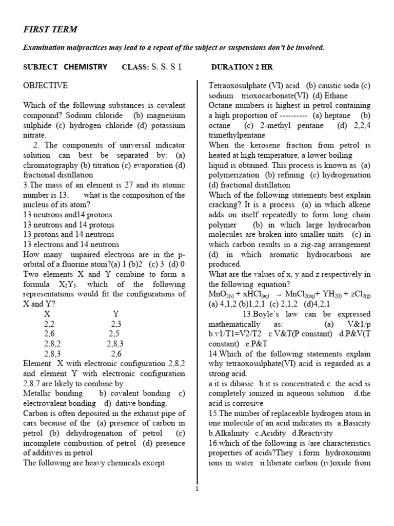 Ss 1 First Term Chemistry Examination | Download Free PDF | Acid ...