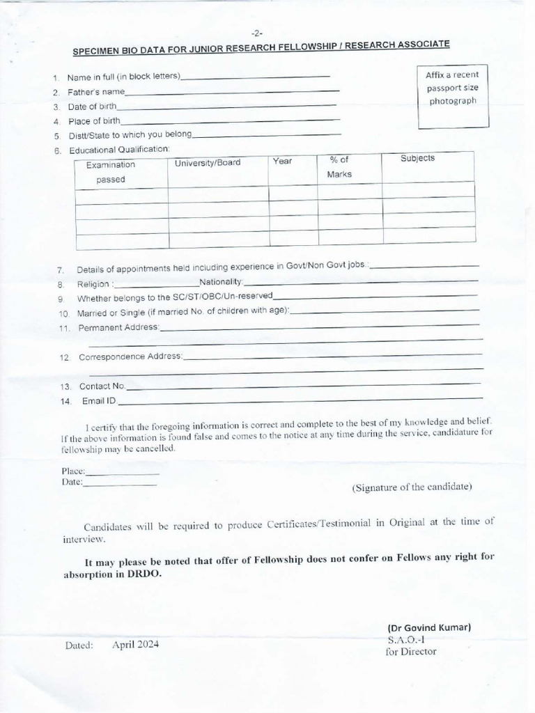Junior Research Fellowship Bio Data Form Pdf