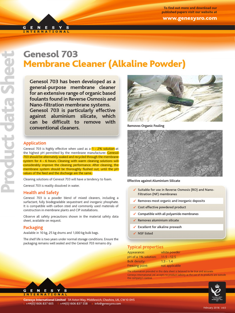 Genesol 703: Alkaline Membrane Cleaner | PDF | Membrane | Materials