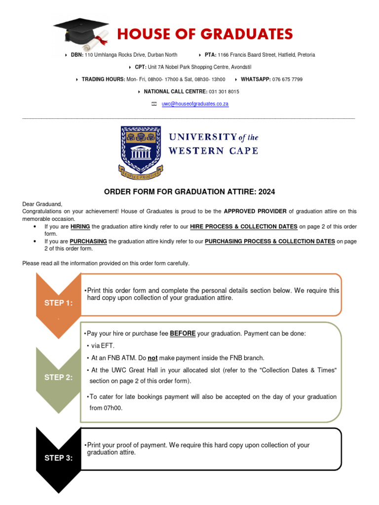 UWC Graduation Attire Order Form 2024 | PDF | Fee | Service Industries