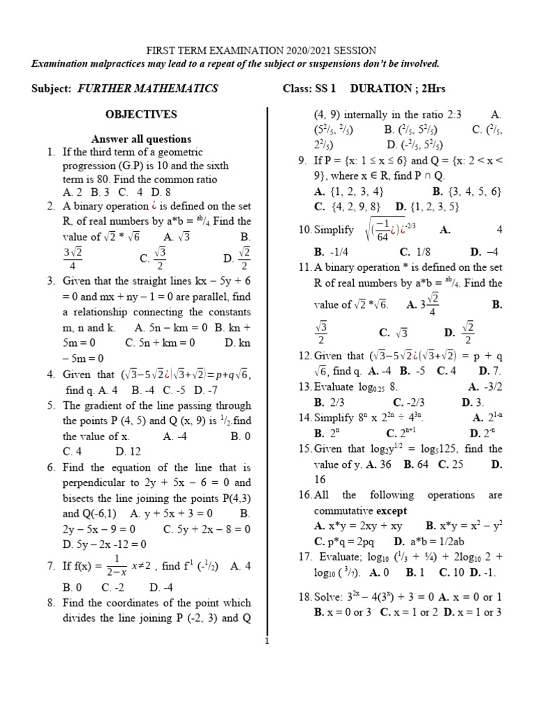SS1 Further Mathematics Term 1 Exam | PDF | Mathematics