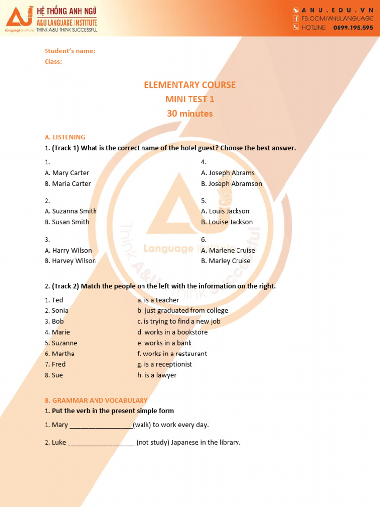 Elementary Course Mini Test 1 | PDF