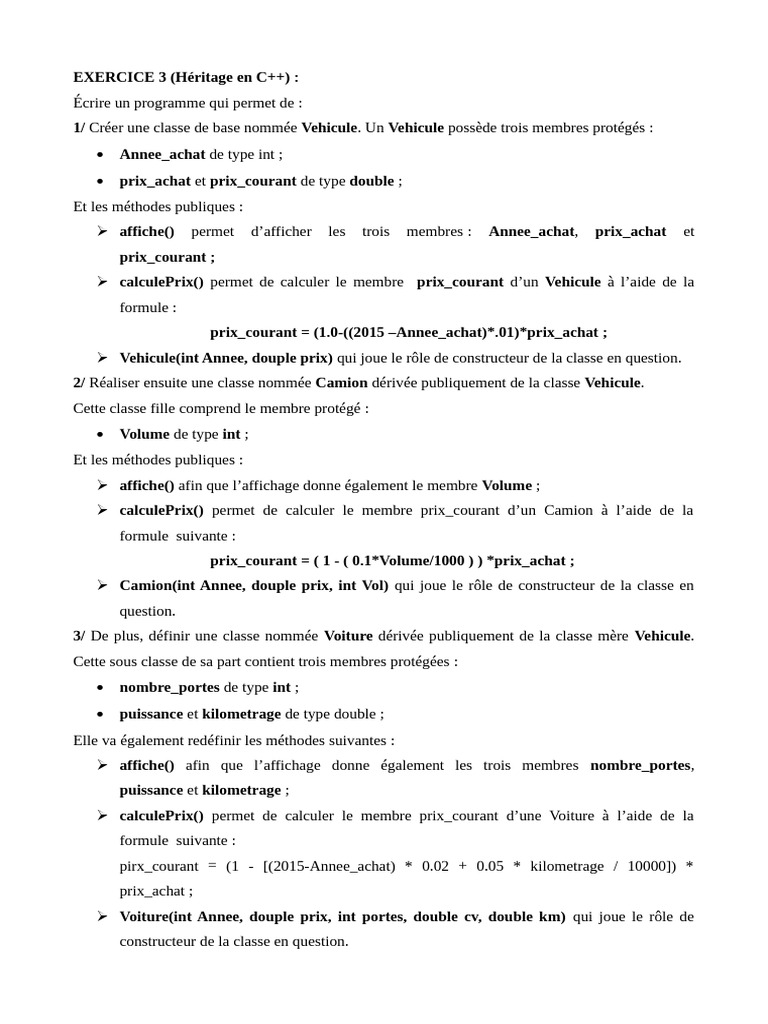 Héritage en C++ : Classes Vehicule, Camion, Voiture | PDF