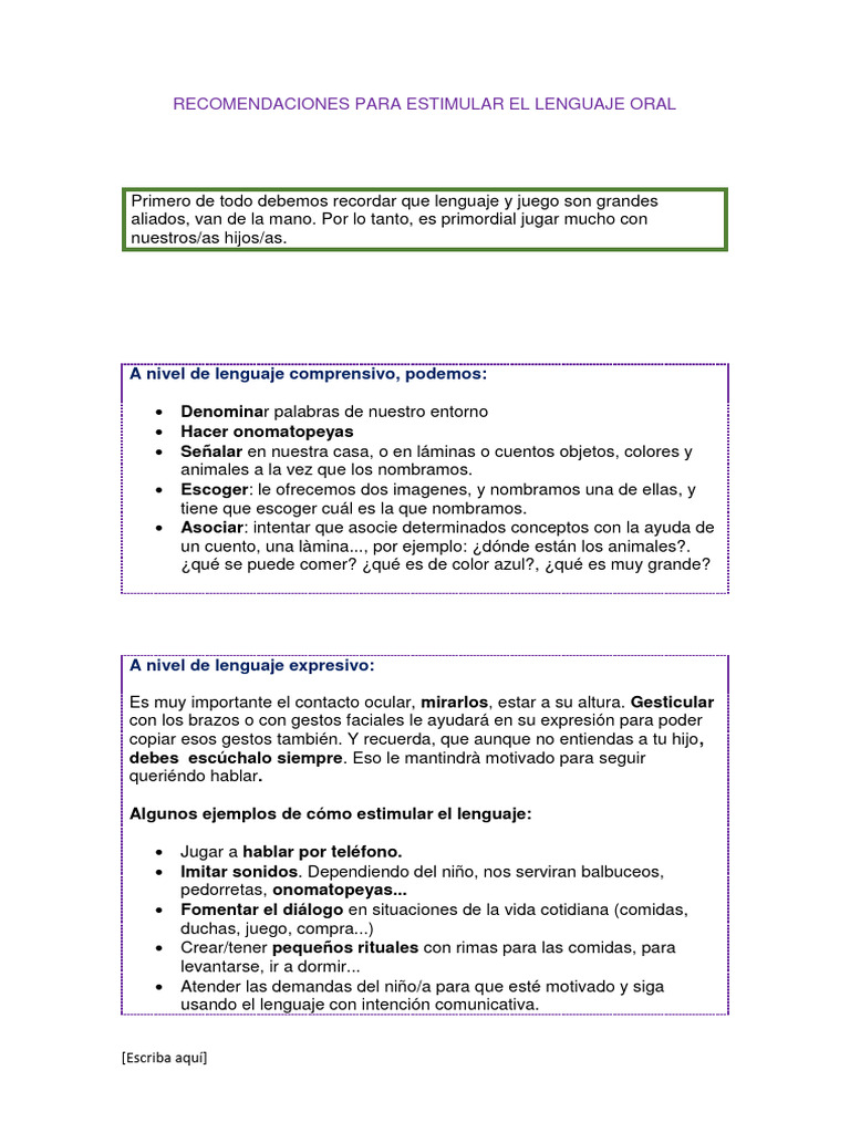 Recomendaciones para Estimular El Lenguaje Oral | Descargar gratis PDF ...