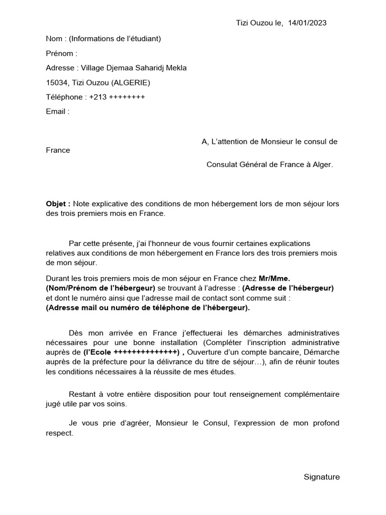 Lettre explicative d'hébergement visa étudiant | PDF