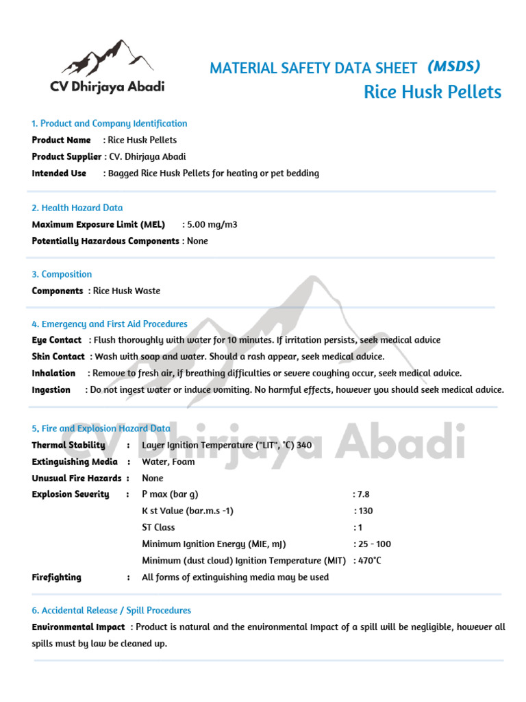 Rice Husk Pellets MSDS Overview | PDF | Combustion | Carbon Monoxide