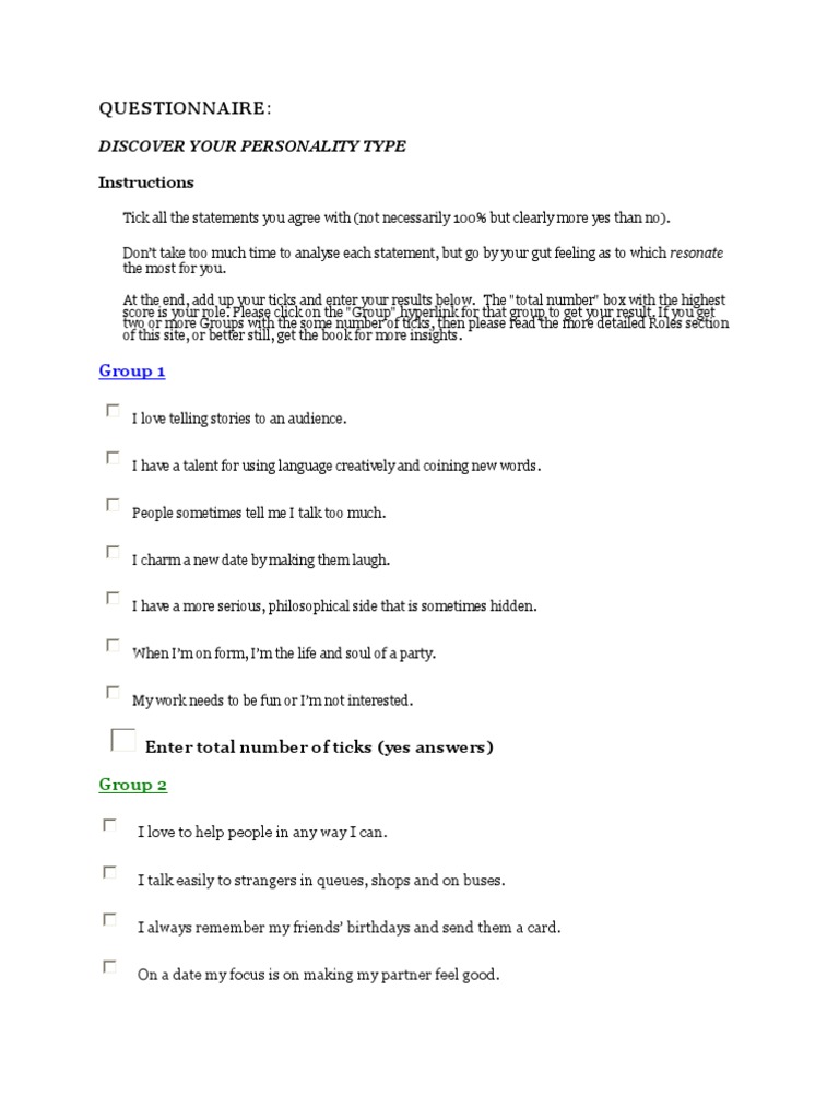 7 Personality Questionnaire Download Free PDF Friendship