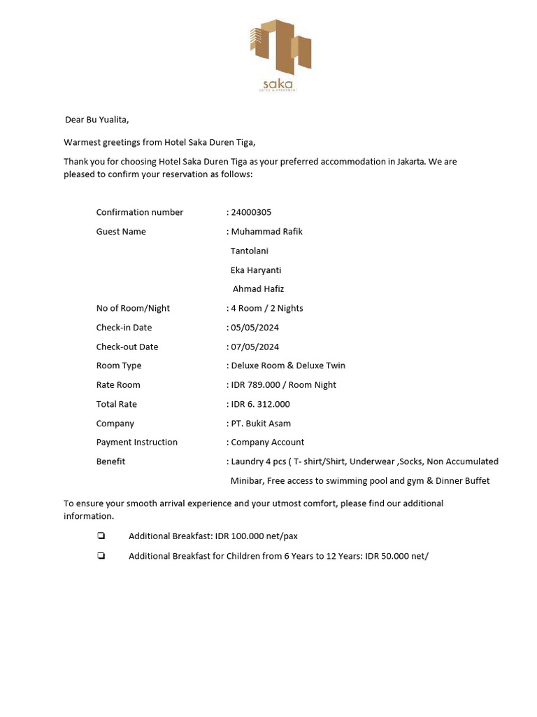 Hotel Saka Duren Tiga Reservation Confirmation | PDF | Banks | Credit Card