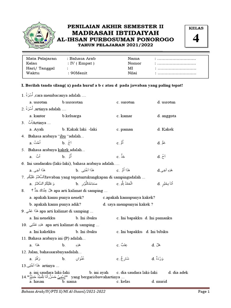 Soal Bahasa Arab Kelas 4 MI Al-Ihsan | PDF