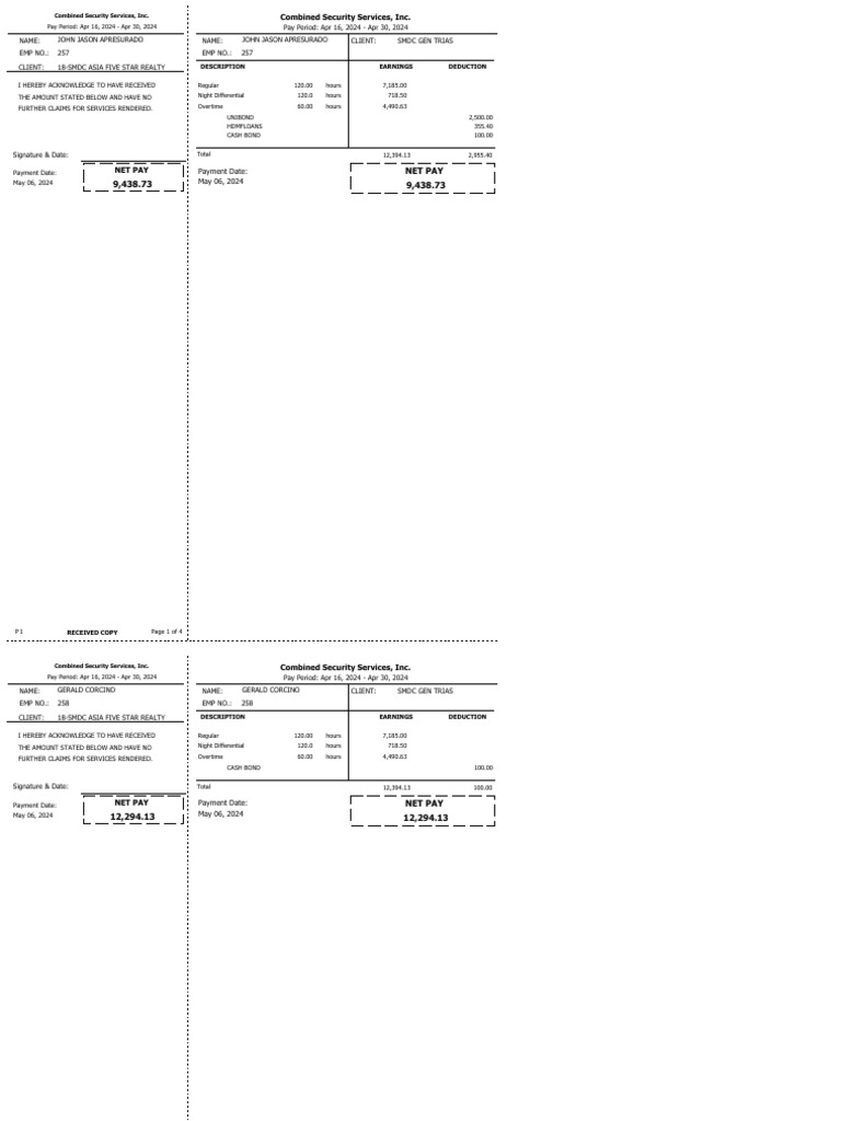 Combined Security Services Pay Stub Summary | PDF | Money | Business