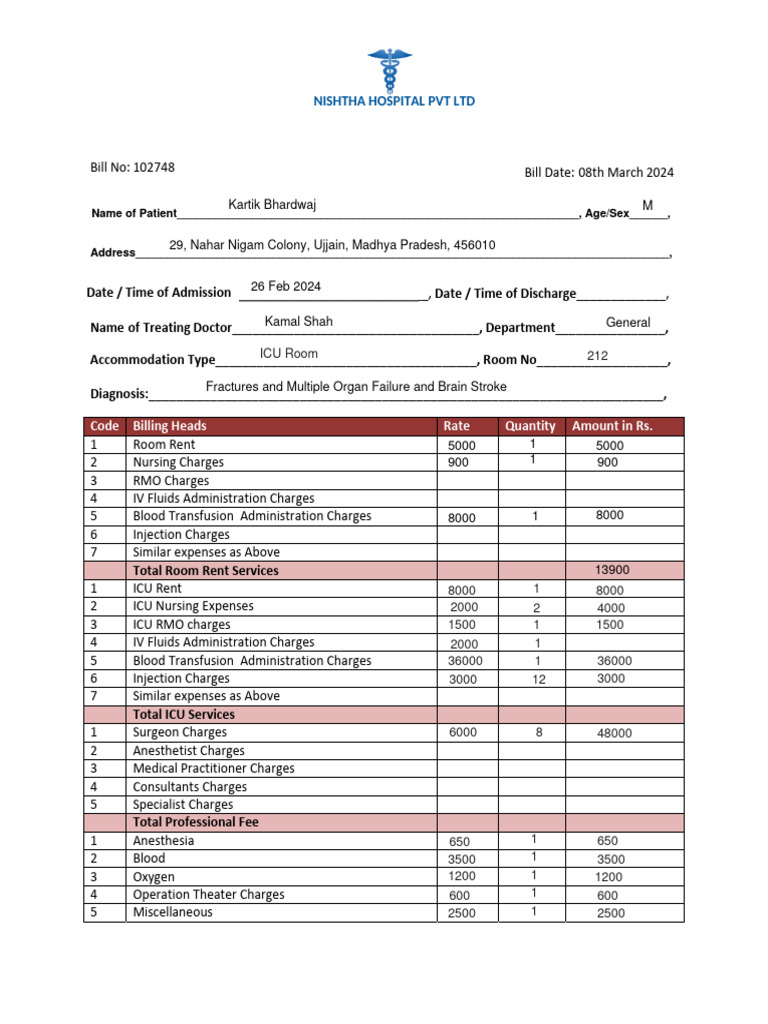 Hospital Final Bill Format 2024 | PDF | Intensive Care Unit | Diseases ...