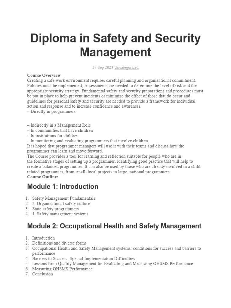 Diploma in safety and security management pdf risk safety