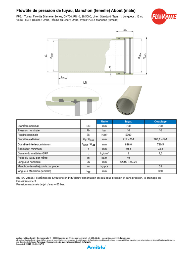 Tuyau Flowtite DN700 PN10 SN5000 Specs | PDF | Tuyau | Génie du bâtiment