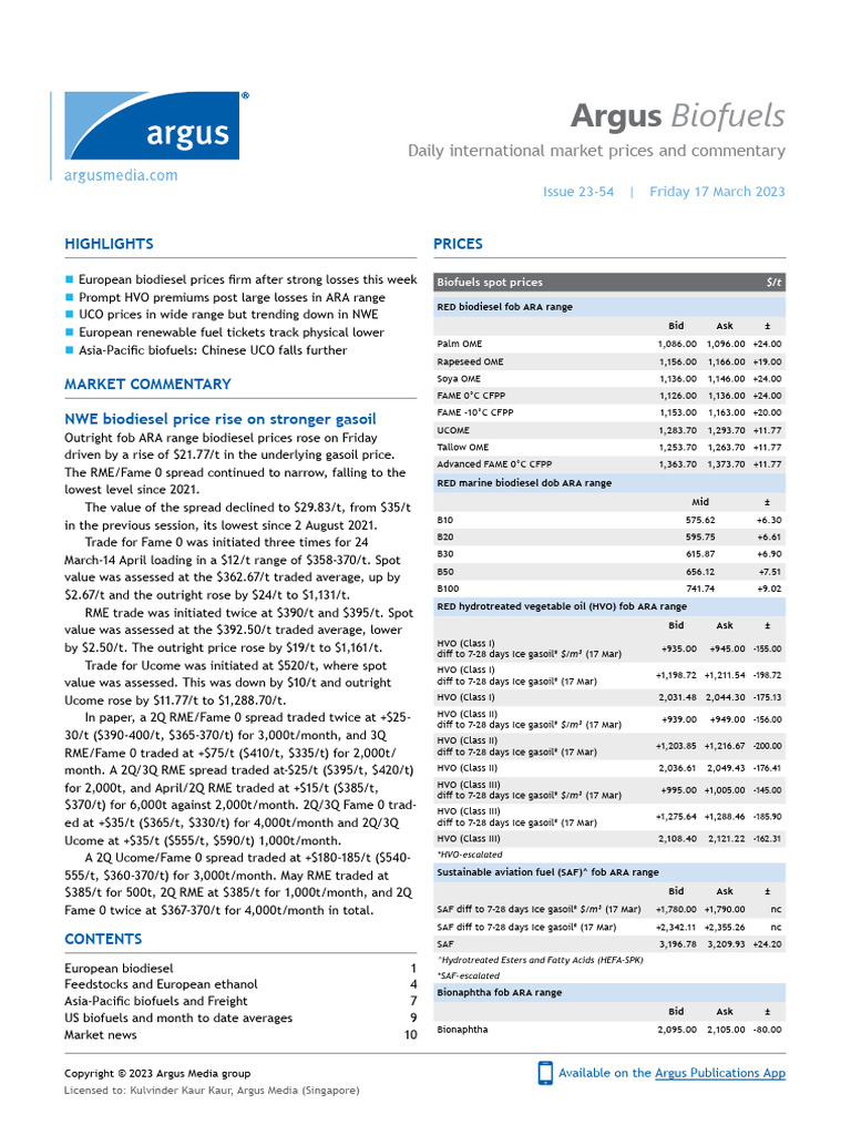 BIO Sample Report Argus Biofuels (2023 03 17) | PDF | Biodiesel | Biofuel